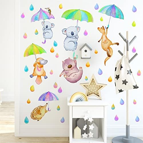 מטריית בעלי החיים קיר מדבקות קריקטורה חמוד בעלי החיים קיר מדבקות קליפת מקל בצבעי מים קשת גשם קיר מדבקות