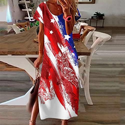 4 ביולי שמלה לנשים קיץ מקרית בוהו מקסי שמלת ארה ב דגל קצר שרוול סקופ צוואר כוכבים פסים ארוך שמלה קיצית