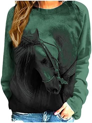 חולצות מודפסות סוס תלת מימדי לנשים נופלות חולצה שרוול ארוך אופנה רגלן צווארון סווטשירט סווטשירט בגדי