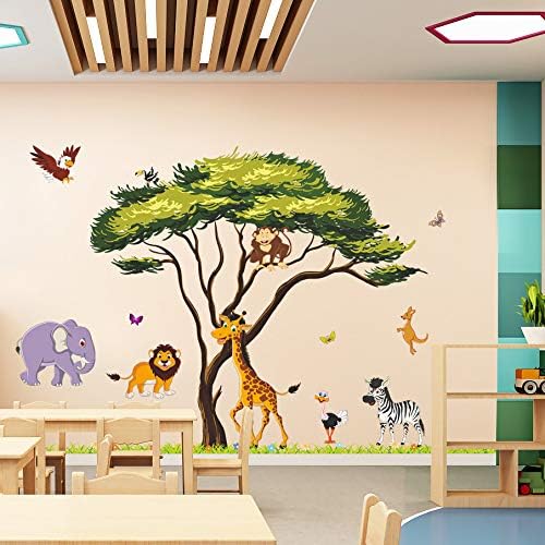 חיות ג'ונגל חמוד מדבקות קיר מדבקות עץ גדול מדבקות קיר קליפות ומקל נשלף מדבקות קיר קיר עיצוב אמנות לילדים